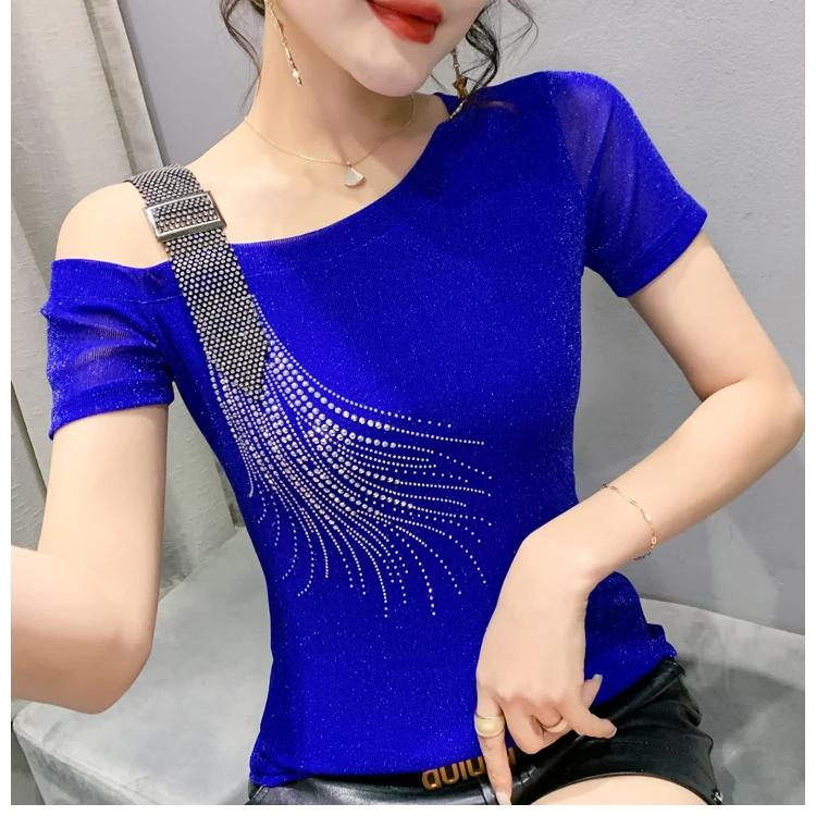 Летняя мода Европейская женская одежда Футболка Сексуальная с открытыми плечами Блестящие бриллианты Сетка Женские топы На все случаи жизни Футболки Блузка