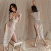 Elegant Lace Temptation Long Dress with Side Slit - Women's Sexy Nightgown Sleepwear