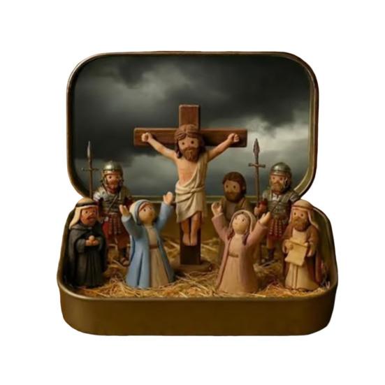 1/2 шт. Набор сцены распятия Иисуса в жестяной коробке Ручная работа Карманный размер Миниатюрный Иисус Воскрешение Жестяной смоляной орнамент Религиозное украшение