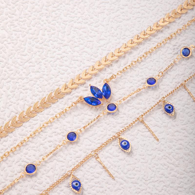 Бижутерия в стиле легкой роскоши, многослойный браслет на щиколотку с инкрустацией синими камнями, многослойное украшение для стопы с бахромой в виде глаз