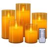 Set of 5 Premium LED Amber Glass Cup Pillar Candles with Real Wax with Moving Faux Wick | Battery Powered with Remote Controller