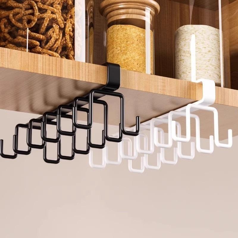 12 Hooks Kitchen Under Cupboard Shelf Mug Cup Hanger Hook Iron Hanging Rack Holder Kitchen Cabinet Organizer