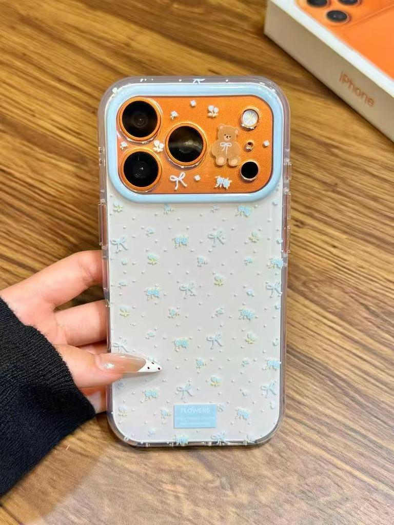 Korean Style Blue Floral 3D Little Bear Compatible Phone Case for iPhone 17/16 Pro Max/15 Pro