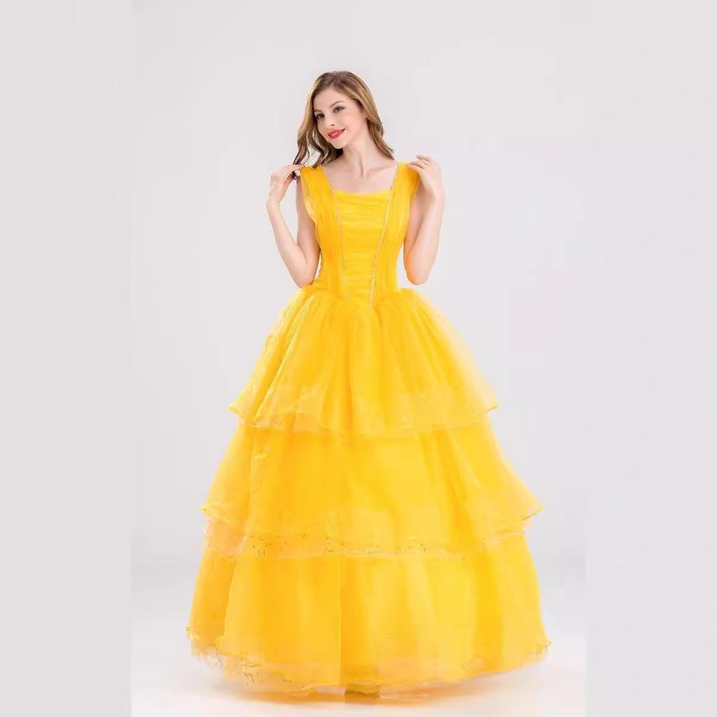 Golden Cinderella Bell Princess Dress Costume, Fairy Tale Adult Uniform Halloween Ball Costume