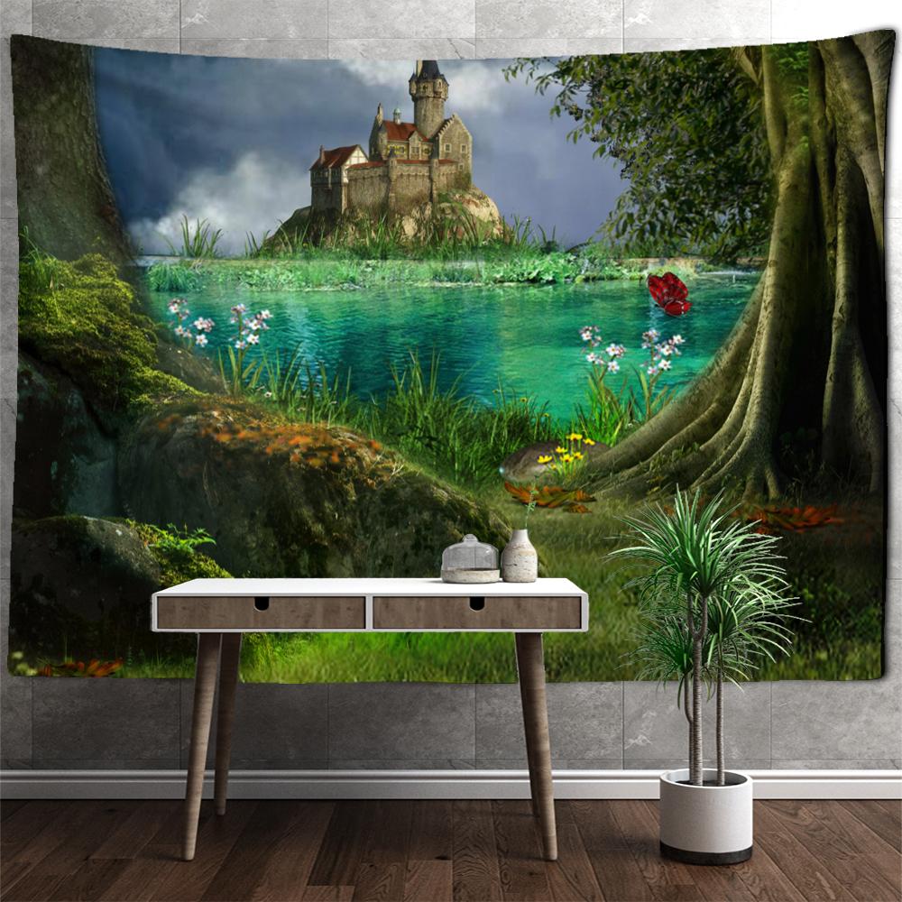 Фэнтезийный гобелен с туманным лесом, настенный психоделический колдовство, загадочный природный пейзаж, домашний декор для гостиной
