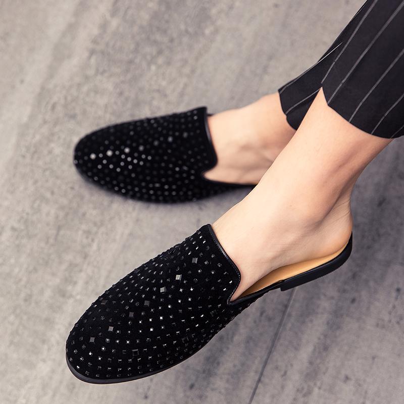 Fashion Loafers Glitter Mules Half Shoes for Men Casual Designer Shoes Men Slippers Luxury Slides with Drilling Leather Shoes for Men