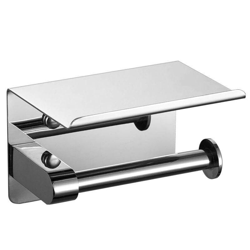 Stainless Steel Wall Mounted Toilet Paper Holder With Phone Shelf Modern Bathroom Accessory No Drilling Required