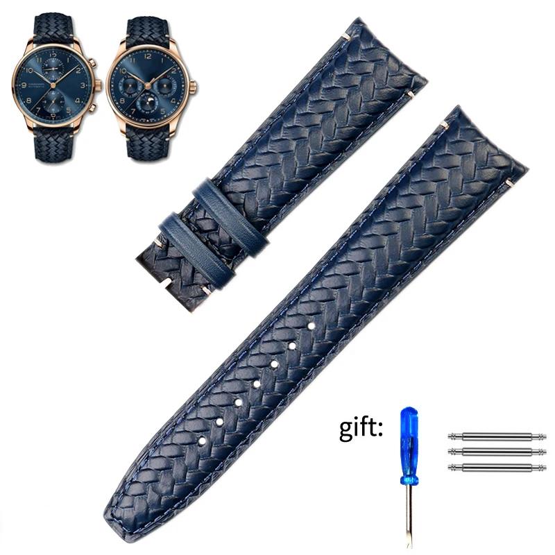 High Quality Cowhide Woven Watchband For IWC IW344205 Portugieser Pilot Watches Portofino Blue Soft Leather Watch Strap 22mm