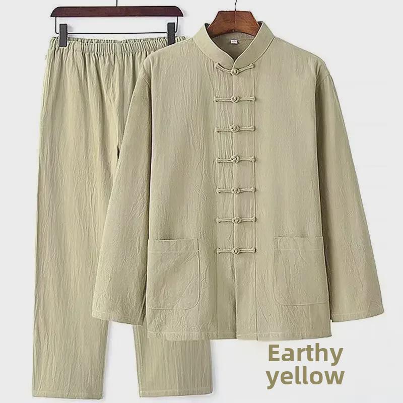 Мужской костюм Тан на весну и осень: Костюм из двух частей в китайском стиле из хлопка и льна с пуговицами