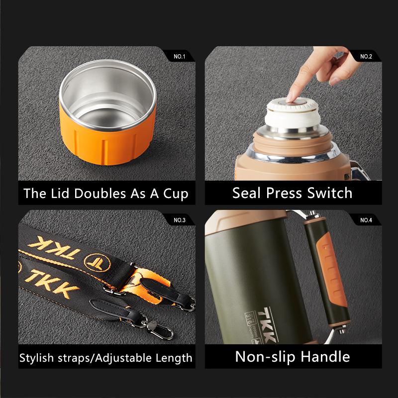 2000ml Large 18/10 Stainless Steel Insulated Thermos Zinc Alloy Handle 64oz Vacuum Flask Camping Eco-Friendly 24 Hours