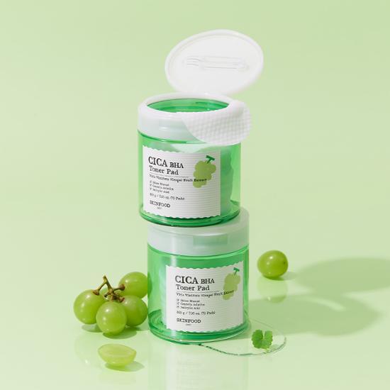 Skinfood Shine Muscat Cica BHA Toner Pad – Dual-Sided Exfoliating & Hydrating Pad for Sensitive Skin (70 Pads)