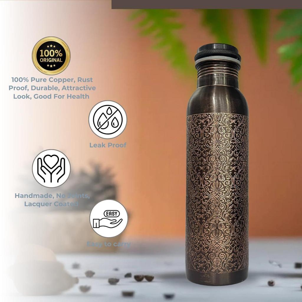 Медная бутылка для воды 1 л | Медная бутылка для воды с набором стаканов | Работа Минакари | 100% чистая | Герметичная | 2 стакана для воды по 300 мл каждый