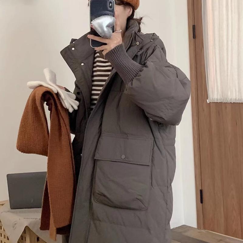 2024 New Casual Long Sleeve Thickened Warm Hooded Down Coats Women Winter Solid Office Lady Long Overcoat Korean Fashion Outerwear Autumn
