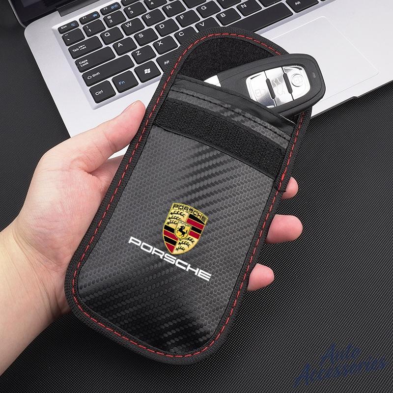 AIHQR1 Car Key Case Signal Blocker Bag Car RFID Shielding Pocket Anti-Theft Pouch For Porsche Panamera Macan Boxster Cayman 911 Sticker