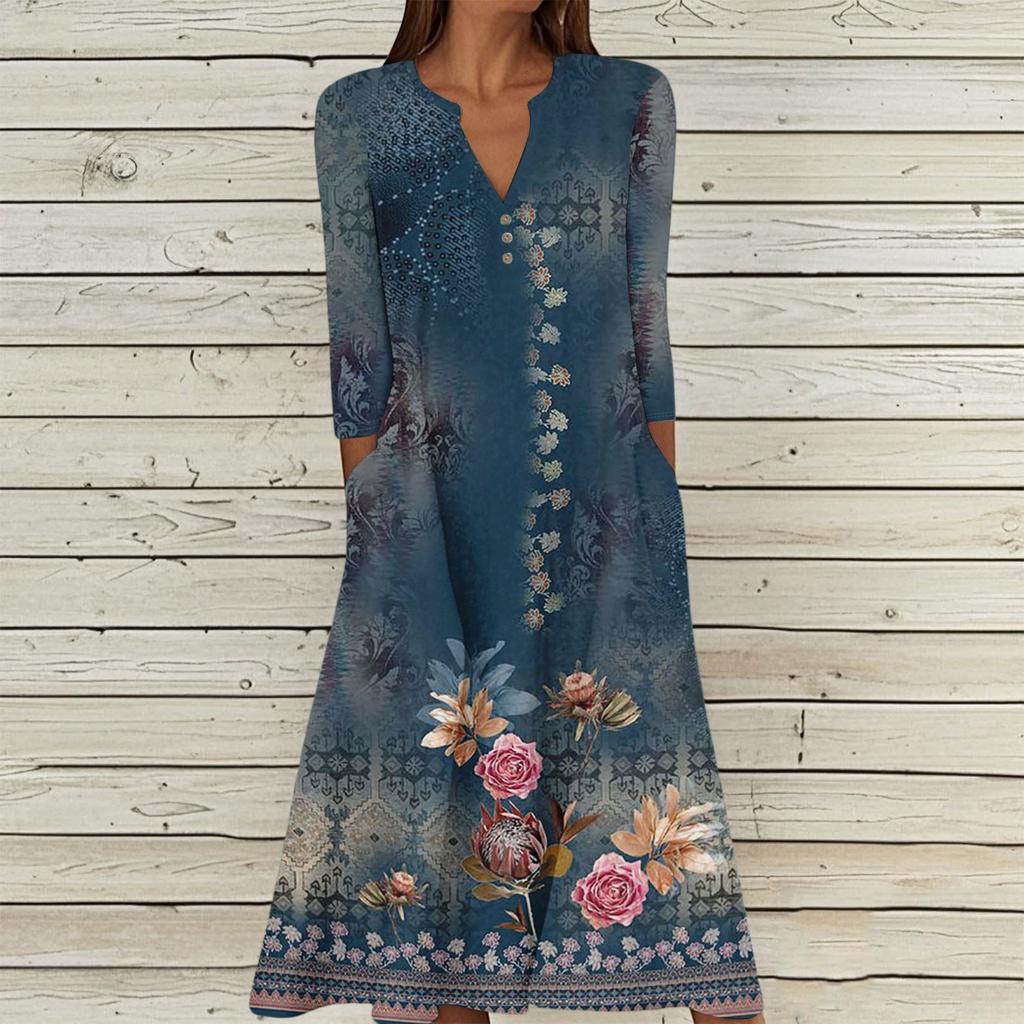 Женское летнее повседневное платье с V-образным вырезом на пуговицах, винтажным цветочным принтом, рукавом три четверти, длинное, с карманами
