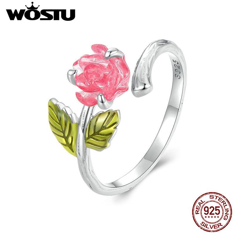 WOSTU Real 925 Sterling Silver Change Color Rose Flower Openging Rings For Women Lovely Wedding Party Jewelry Anniversary gift