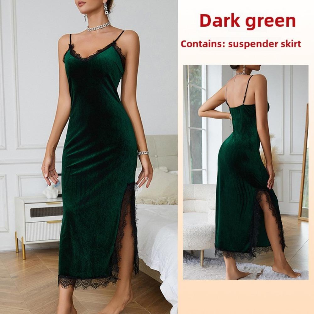 Sexy Deep V Pajamas Women's Long Suspender Nightgown Velvet Lace Seduction Backless Loungewear