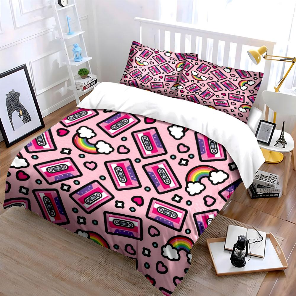 "Retro Rainbow Cassette Decor Set" Bedding Set with 1 Duvet Cover 2 Pillowcases Single Double King Queen, Gift