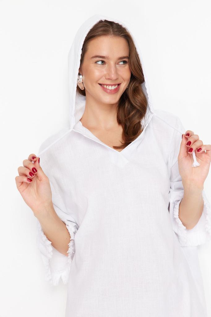 Women's Style Dress White Wide Fit Mini Woven Tasseled 100% Cotton Beach Dress