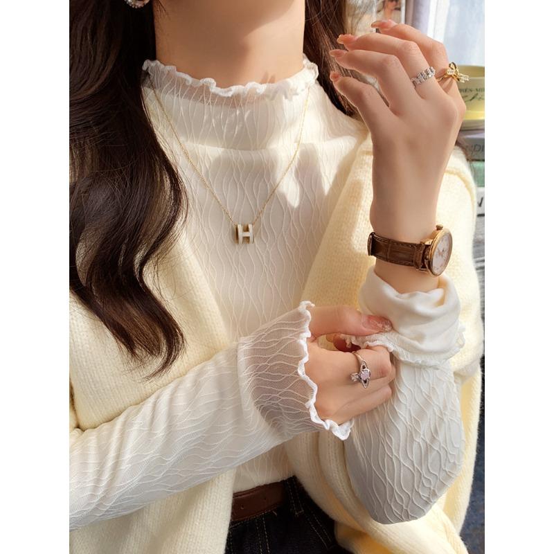 Белый кружевной внутренний слой с бархатом и утолщенный базовый топ с полувысоким воротником для женщин на осень и зиму, новый стиль, топ с фестончатым краем
