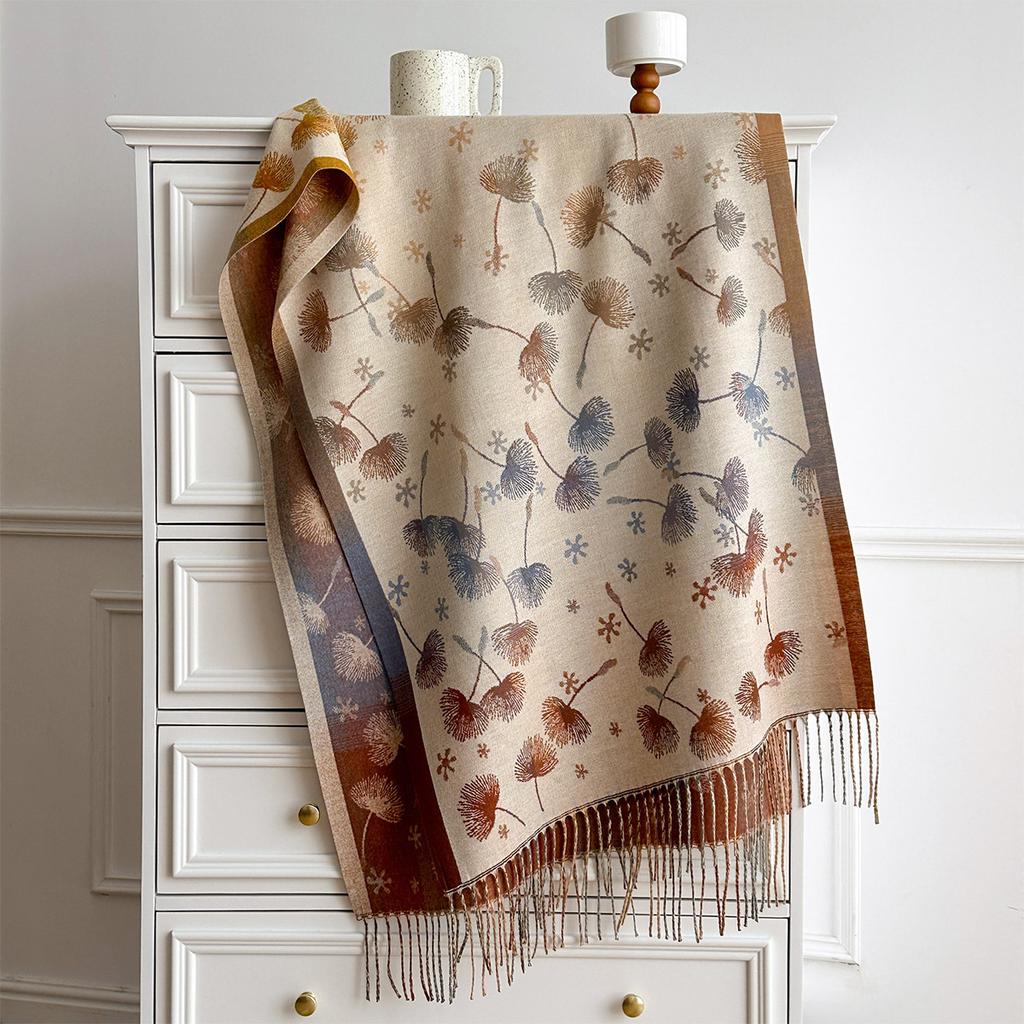 Women's vintage floral jacquard scarf—a large, faux-cashmere wrap featuring contrasting-color tassels, suitable for layering.