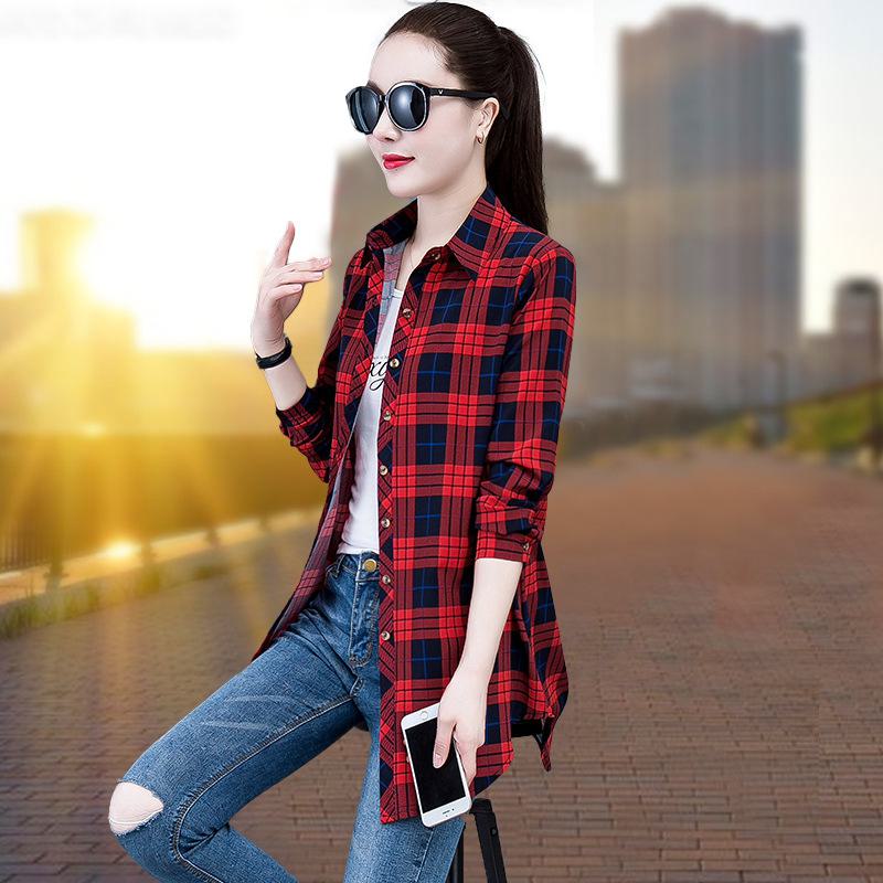 Женское клетчатое платье-рубашка: Пижама бойфренда в корейском стиле с длинными рукавами и средней длиной в красном, синем и желтом цветах. Стройный, но свободный и сексуальный.