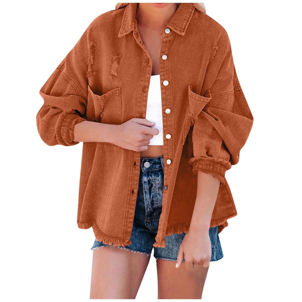 Women Loose Casual Denim Jacket Female Jacket Frayed Edges Trim  Long Sleeve  Coat With Pockets