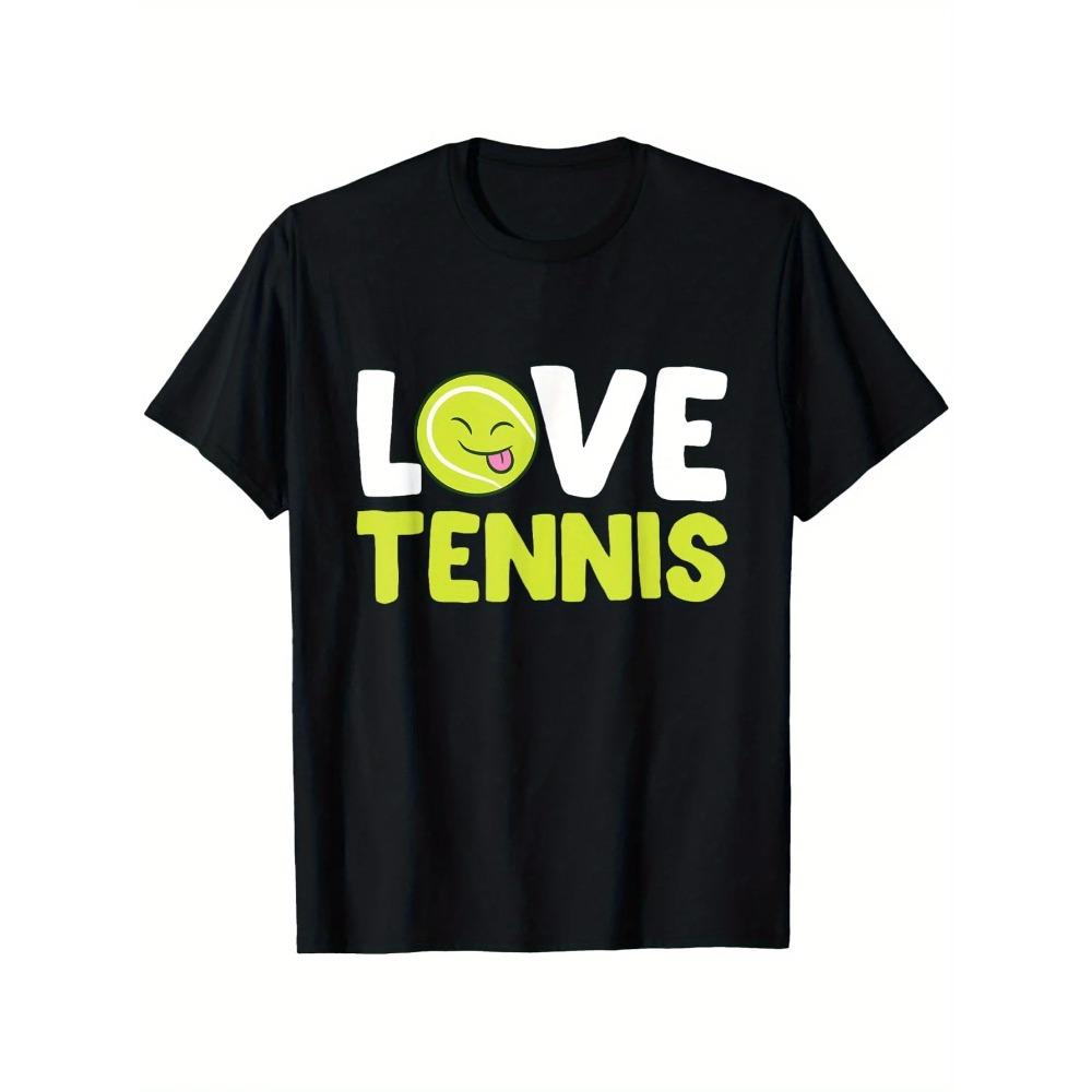 «Мужская футболка из 100% хлопка «Love Tennis» — свободный крой, рисунок в виде улыбающегося теннисного мяча, короткий рукав, отличный подарок для поклонников тенниса»