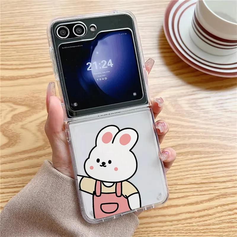 Cute Bear Bunny Couple Paired Phone Case for Samsung Galaxy ZFlip 5 ZFlip6 Transaprent Clear Cover for Samsung ZFlip7 4 3 Fundas