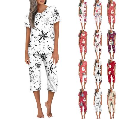 Женская повседневная спортивная пижама с коротким рукавом и укороченными брюками с рождественским принтом