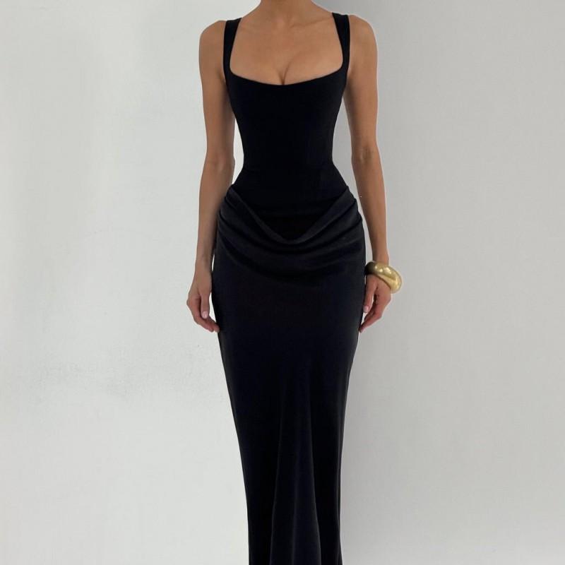 Womens Slim Fit Sleeveless Long Dress With Corset Detail Elegant Casual Midi