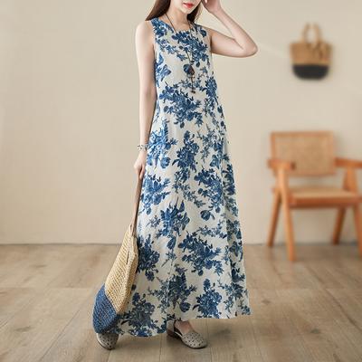 2024 женское летнее платье женское длинное платье с цветочным принтом без рукавов льняное платье с цветочным принтом синий цвет