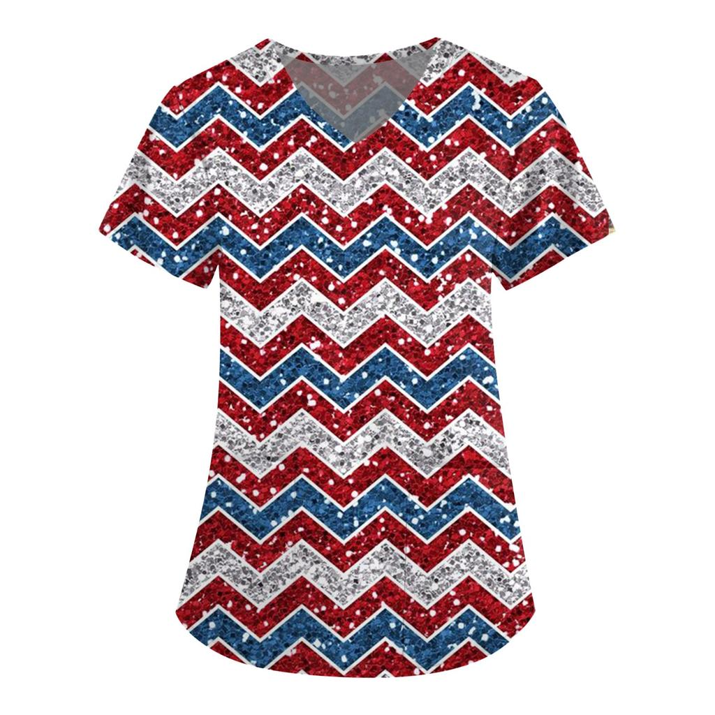 Women's Short Sleeve V-Neck Independence Day Printed Pocket Carer Top