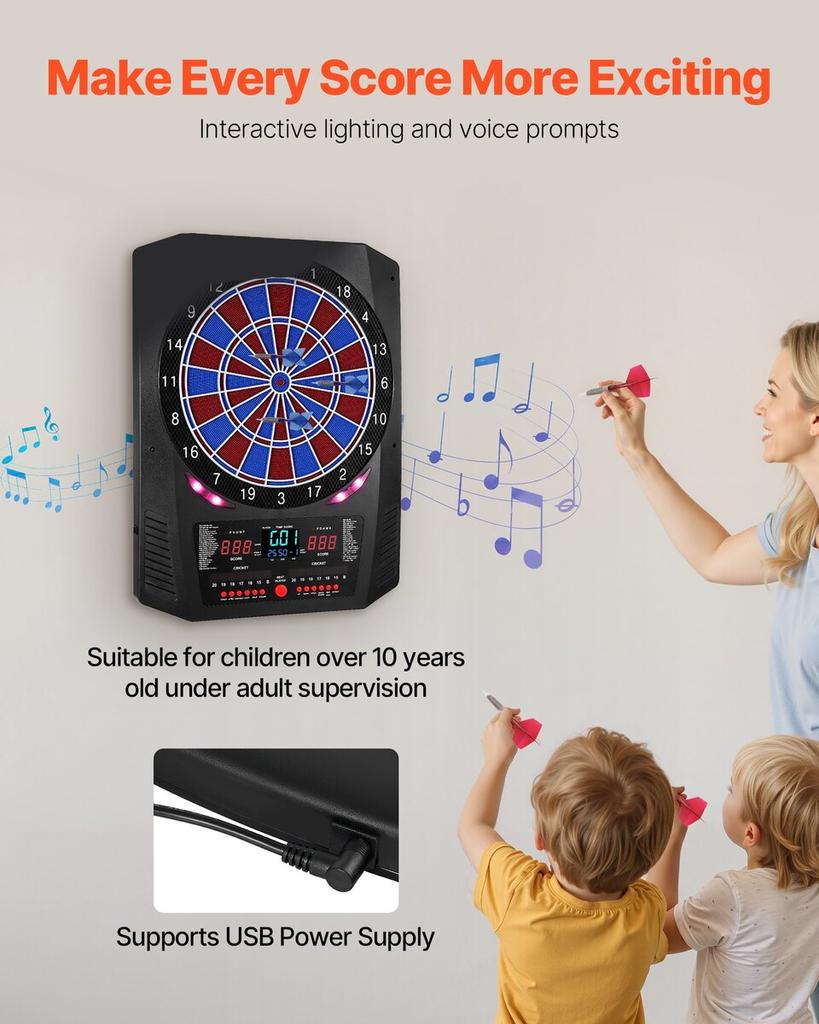 Electronic Dart Board, 336mm Target Dartboard with 45 Games & 474 Variations for Up to 8 Players, 6 Dart Shafts with Flights & 50 Soft Tips, Color LED