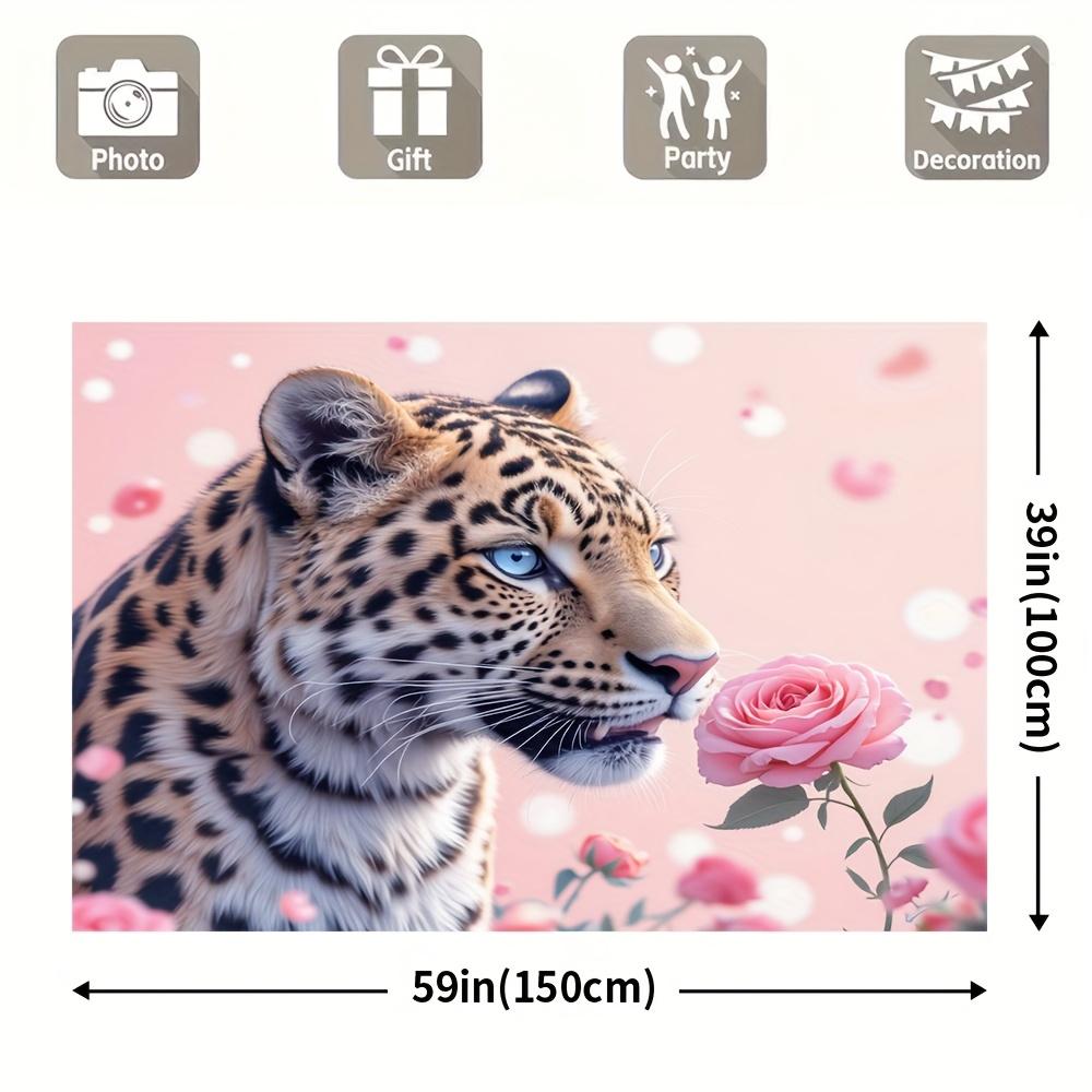 1pc Pink Leopard Party Backdrop Durable Polyester Stunning BlueEyed Leopard with Pink Roses Design Perfect for Winter Holid