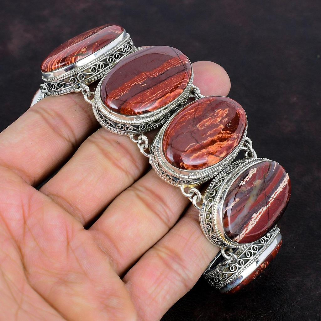 Red Snakeskin Jasper Bracelet Handmade Gemstone Jewelry 925 Sterling Silver Bracelet Adjustable Chain Bracelet Vintage Bracelet Gift For Mom