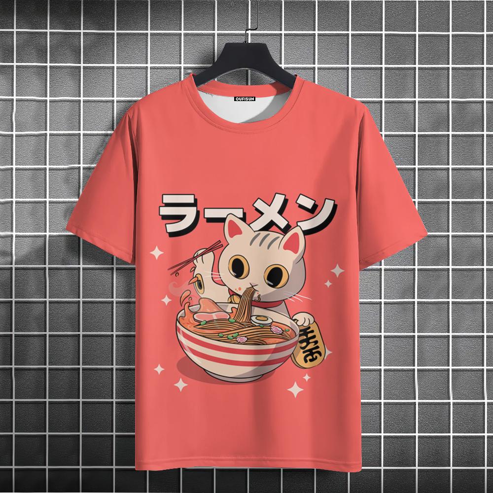 Футболки с принтом Noodle Cat 3D для мужчин, футболки, летние повседневные топы с коротким рукавом, свободные футболки Harajuku большого размера, мужская одежда, новинка
