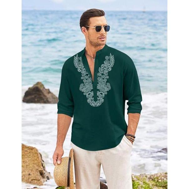 Мужская короткая курта из смесового хлопка с длинными рукавами и этническим дизайном горловины | Повседневная курта с мятой текстурой и воротником-стойкой