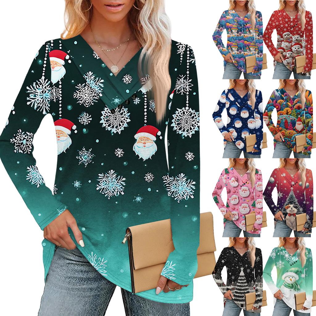 Women's Fashion Casual V-neck Pleated Christmas Long Sleeve Top