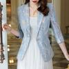 Офис Леди Приталенные Костюмы на Одной Пуговице Элегантные Ажурные Весна Лето Новые Блейзеры с Рукавом 3/4 Модные С Воротником Пиджачного Типа