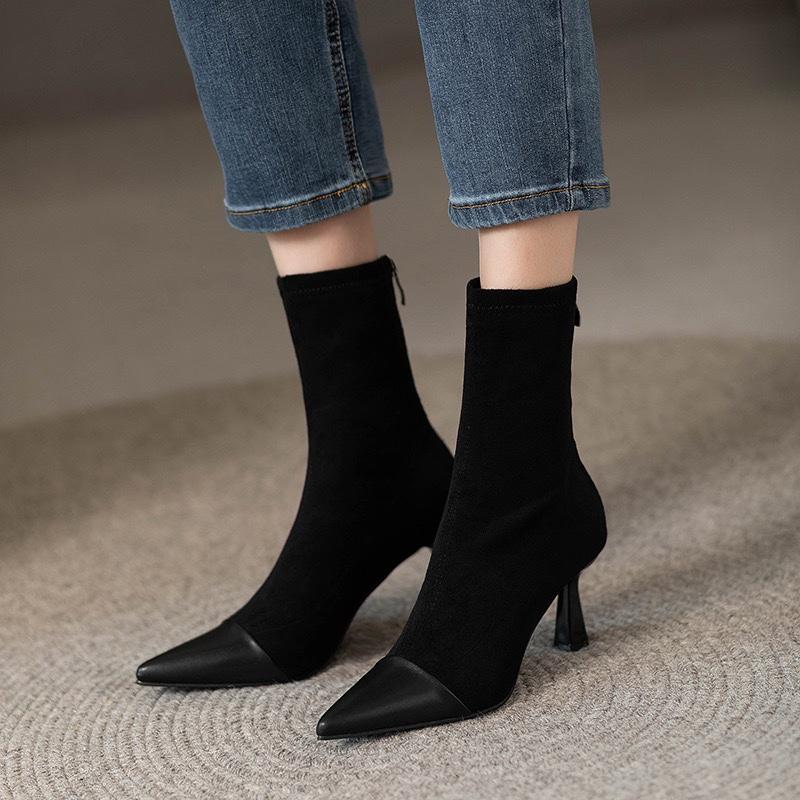 2024 Winter Women Boots Genuine Leather Ankle Boots Pointed Toe Stiletto Boots High Heels Leather Shoes Ladies Shoes Thin Heels