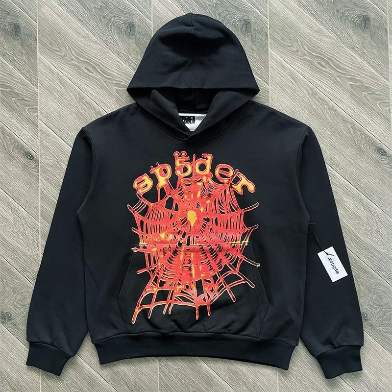 Sp5der Hoodie Oversized Thick Fleece Sweatshirt With Foil Print Spiderweb Design Men Winter Casual Wear