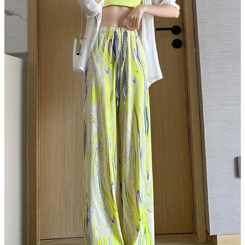 Широкие брюки в радужную полоску, женские летние свободные брюки с высокой талией, тонкие драпированные повседневные брюки с принтом тай-дай и радужным цветочным принтом