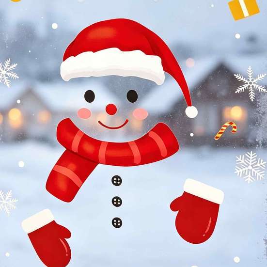 Creative Holiday Gifts Christmas Static Window Clings, Smiling Snowman Decals with Snowflake Transparent Film Patterns, Waterproof PVC Glass