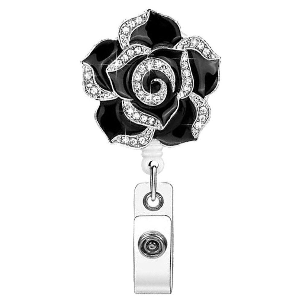 Катушка для бейджа с розой и бриллиантами для женщин и девочек, бейдж с именем, рабочий пропуск, выдвижной ремешок, нагрудная бирка, клипса, катушка