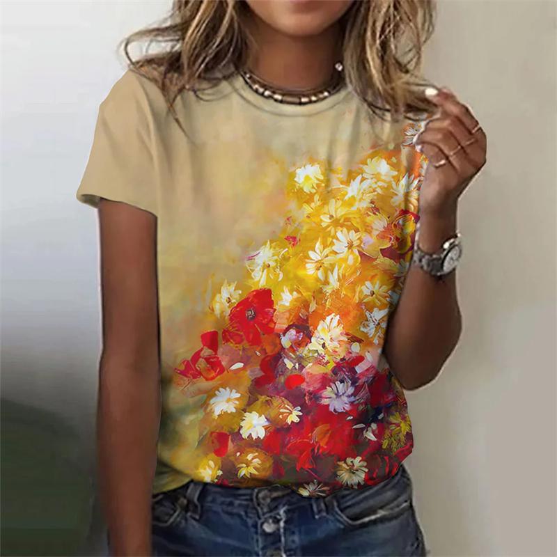 Летний топ с круглым вырезом и 3D-цветочным принтом, модные повседневные женские футболки с короткими рукавами