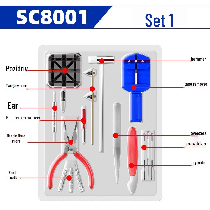 Набор инструментов для ремонта механических часов: снятие корпуса, ремешка, регулировка звеньев и замена батарейки.