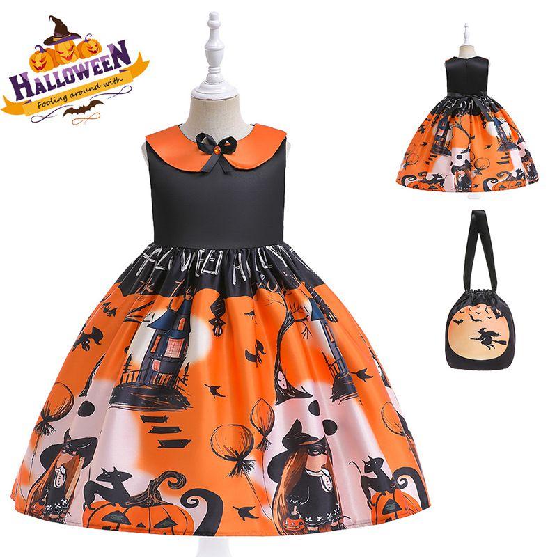 Silky And High Quality Halloween Costume Dress With Pumpkin Bag For Children