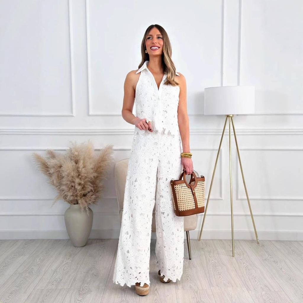 French Summer Embroidered V-Neck Cutout Tank & Wide-Leg Pants Set