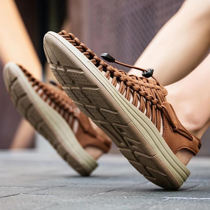 Модные мужские сандалии Натуральная кожа Мужская повседневная обувь Плетеный дизайн Пляжные сандалии Уличная обувь для пар Водная обувь 2025